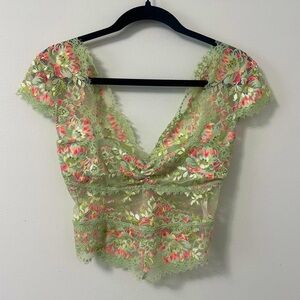 Free People Green Flutter Sleeve Embellished Blouse